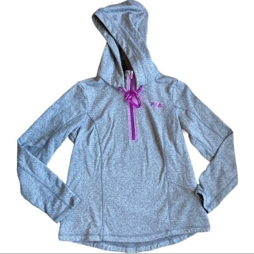Fila size large hoodie gray with magenta drawstring, zip pockets, pockets lined